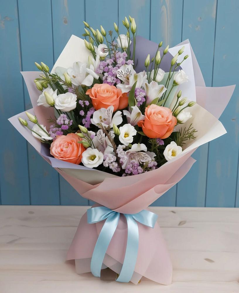 Букет цветов из: Лизиантусы, Розы, Альстромерии и Гипсофила в Сяве